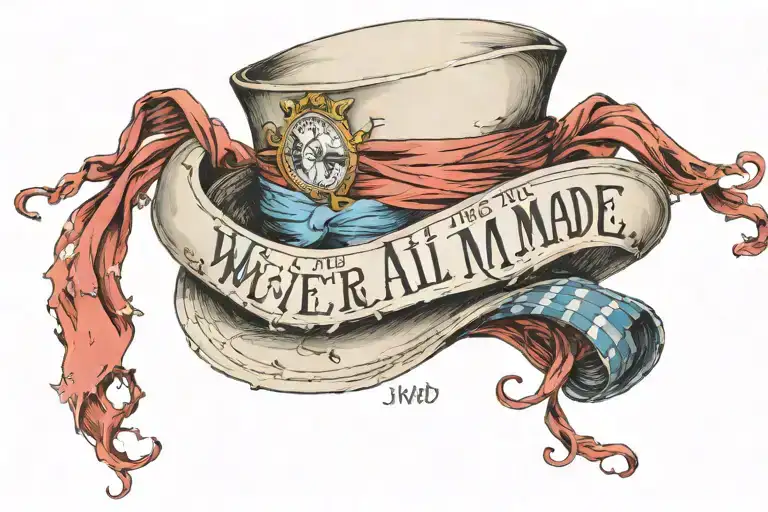 Alice in wonderland - mad hatters hat, with scarf wrapped around it with the words " we're all mad here" - The drink me  tattoo design idea
