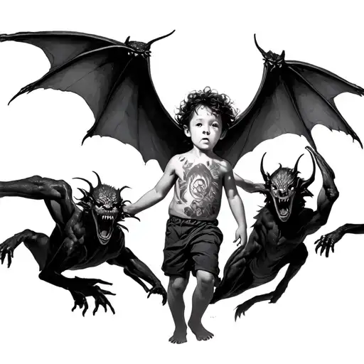 a child surrounded by demons flying tattoo design idea