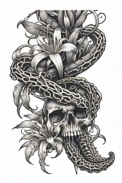 Skeleton hand holding a spider lily with a snake wrapped around the hand tattoo design idea