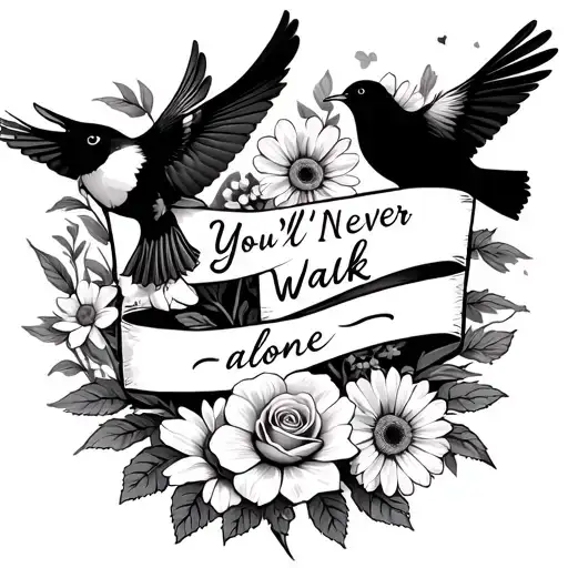 rose, daffodil, daisy, birds, banner with you'll never walk alone written in script, memorial style tattoo design idea