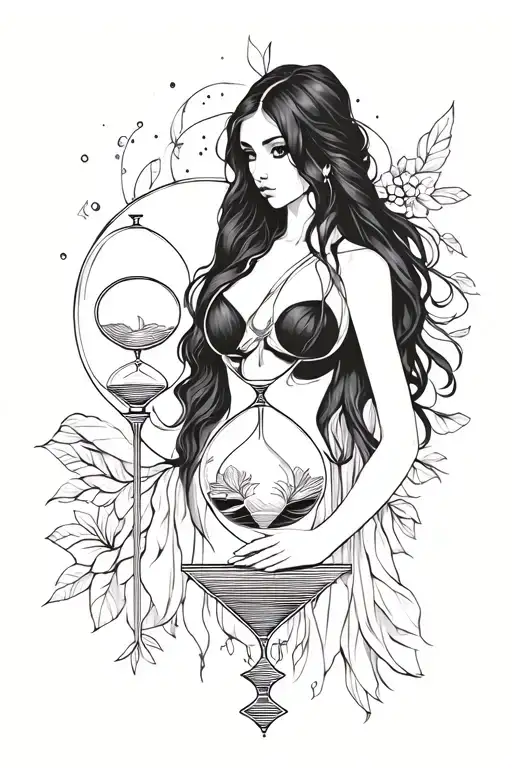 Goddess Nyx, black long hair holding a hourglass tattoo design idea