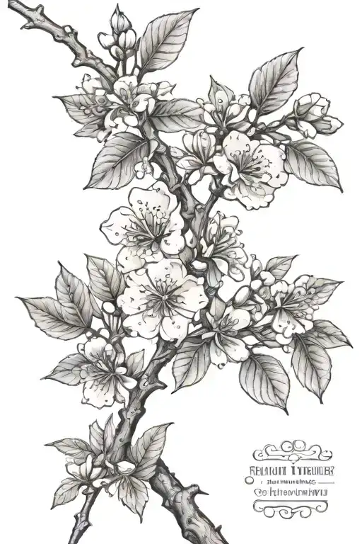 create/draw a 5-7 inch dainty peach tree branch featuring birth month flowers of february, march, and august, and clever tattoo design idea