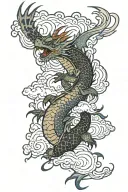 Dragon with clouds and lightning surrounding turtle and starfish tattoo design idea