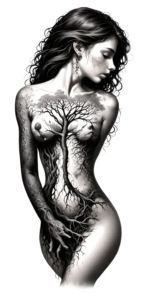 female body up into tree of life with roots growing tattoo design idea