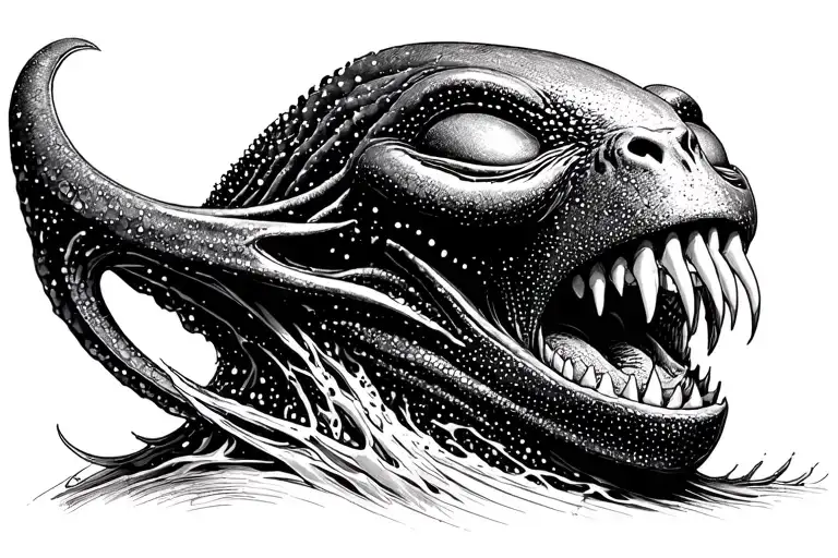 Cosmic Alien Romulis elongated muzzle with an open mouth with fangs in saliva tattoo design idea