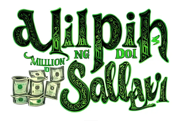 "Alipin ng salapi" "Million Dollar Oww" lettering in cursive black outline filled in green fading to white. background of money signs & rolls of $100 bills tattoo design idea