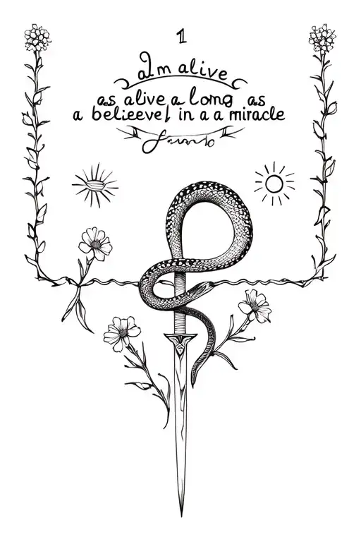 snake, gypsophila flowers, small thorns, sun, dagger and the phrase “I am alive as long as I believe in a miracle” tattoo design idea
