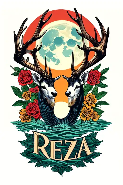 "REZA" My love is called Reza, a whale's tail, a deer's antler, a full moon, physical pain, and a dog's claw. tattoo design idea