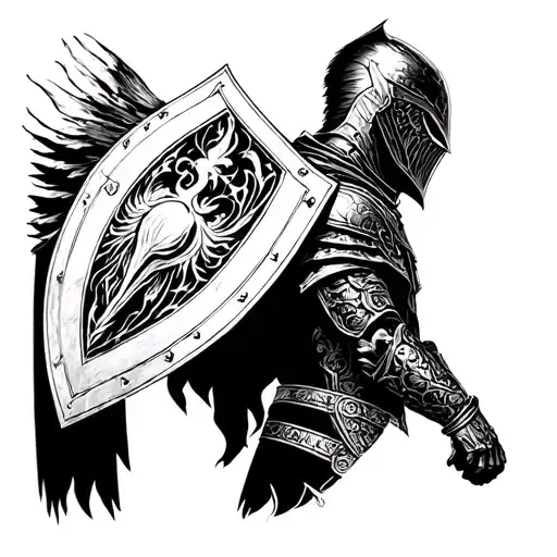 Dark Fantasy Knight side profile holding a shield tattoo design idea