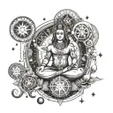 humsa background with seven chakras and mercury with taurus constellation tattoo design idea
