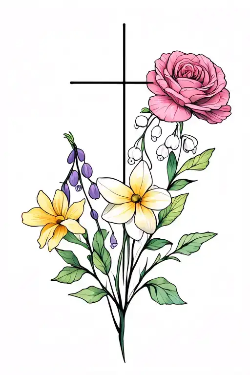 Fine Line Cross with a Carnation, Violet, Daffodil, Lily of valley, Rose, and marigold flowers  tattoo design idea