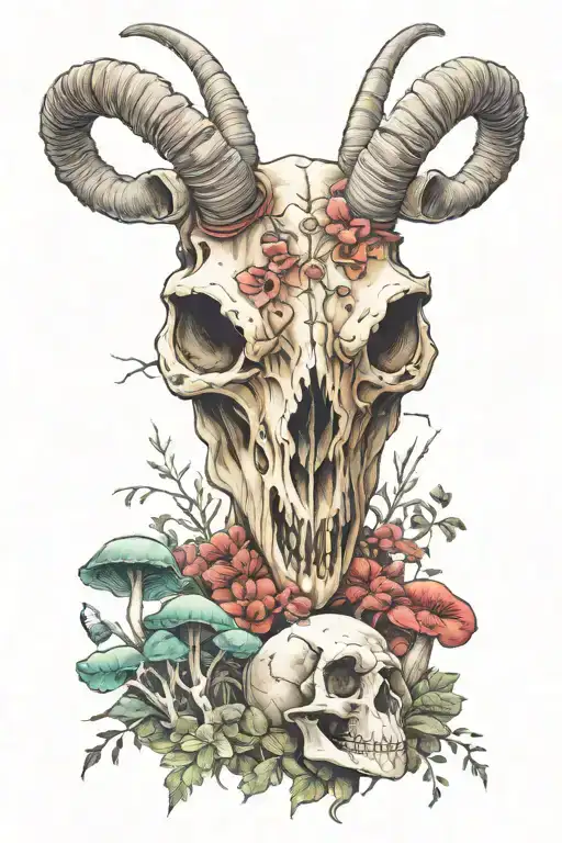 goat skull and mushrooms tattoo design idea