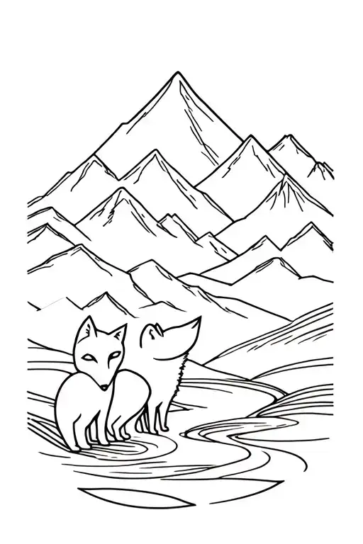 family of 5 foxes with mountains and rivers  tattoo design idea