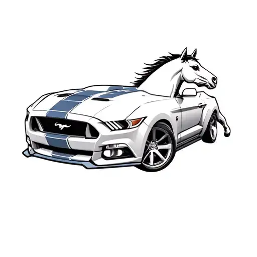 ford mustang logo with a 3d ghosted image of horse in the back ground on its hind legs front legs in the air tattoo design idea