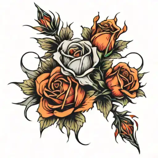 A burning rose is wrapped around the frozen thorns. tattoo design idea