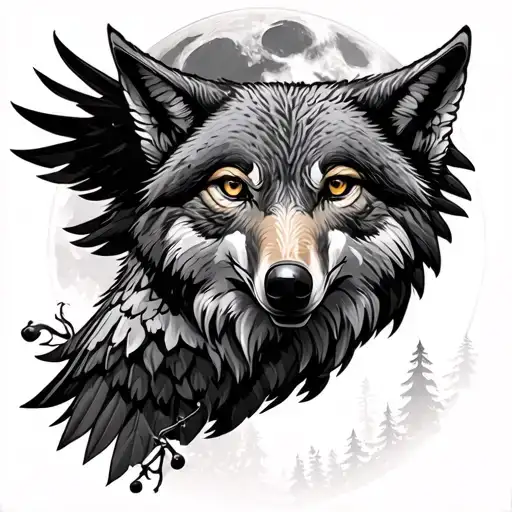 wolf full moon eagle Forest  tattoo design idea