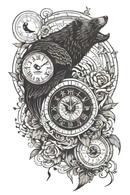 Forearm tattoo with Clock displaying 4:04am, swallow bird on a moon, miracles do happen writing, bear and bear cub, blac tattoo design idea