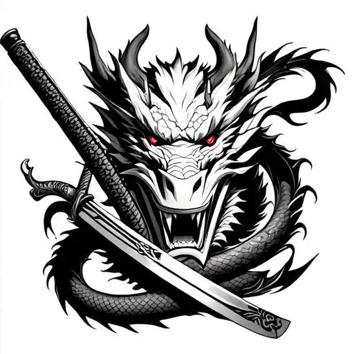 dragon wrapping around katana with oni demon mask in forground tattoo design idea