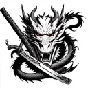 dragon wrapping around katana with oni demon mask in forground tattoo design idea