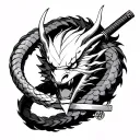 dragon wrapping around katana with oni demon mask in forground tattoo design idea