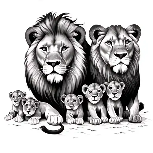 lion and lioness with 3 cubs tattoo design idea
