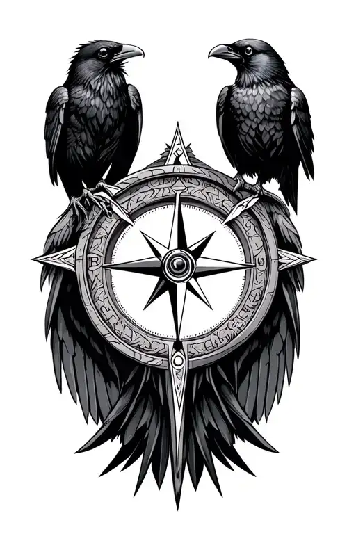 Nordic compass with two ravens Huginn and Muninn tattoo design idea