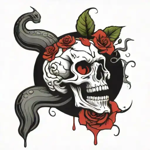 Melting skull with roses and snake tattoo design idea