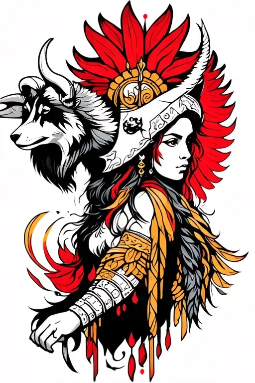 warrior woman with wolf and ram tattoo design idea