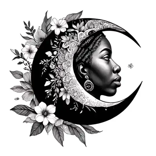 crescent moon Mandela with floral elements using birth flowers for May April November and January  preatty feminine line tattoo design idea