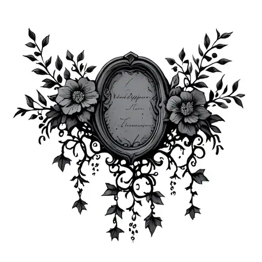 simple tombstone with vines and flowers draped dangleing tattoo design idea
