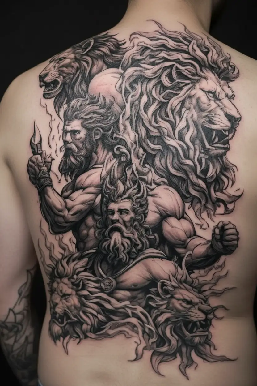  Zeus against Cronus with lightning bolts and Hercules with the lion's head on his head  tattoo design idea