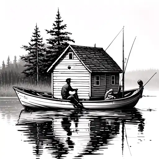 white cabin on the lake, small fishing boat floating, man sitting in the back, young boy standing in front fishing tattoo design idea