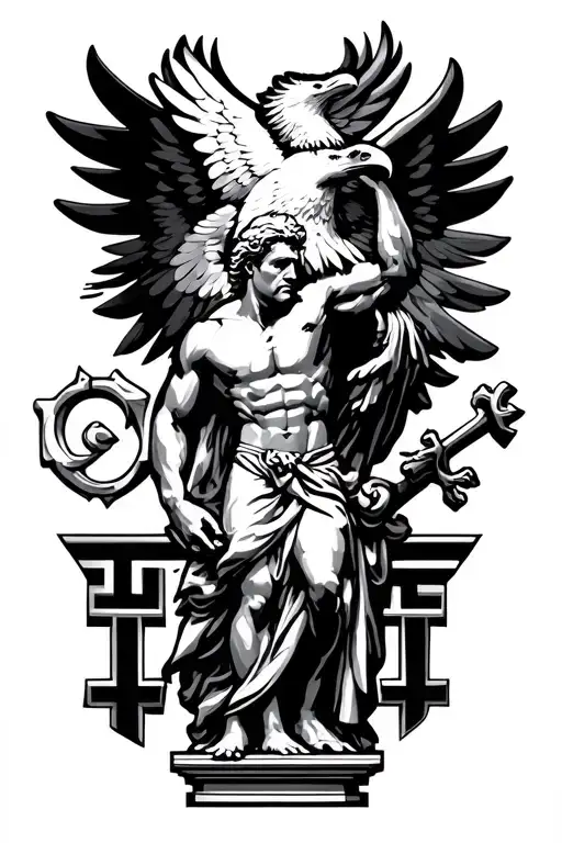 prometheus statue with eagle and greek key tattoo design idea