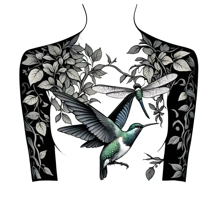 vines , hummingbird hovering, dragonfly landing across chest  tattoo design idea