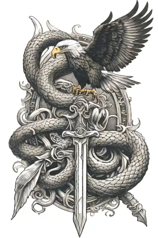 Snake wrapped around a sword  while an eagle is fighting the snake tattoo design idea