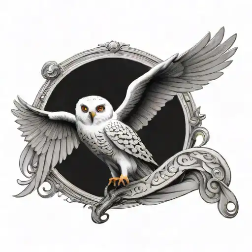 flying snowy owl Hedwig with scroll in the claw and a felix felicis drinking from the other claw tattoo design idea