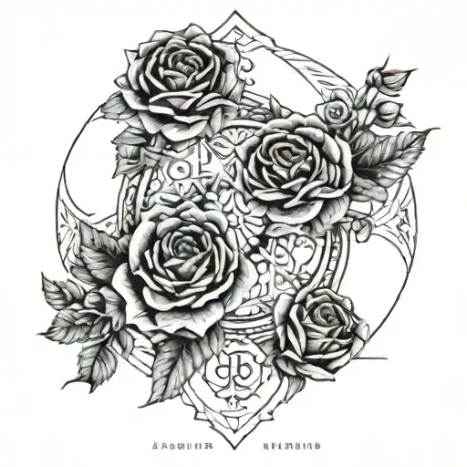 An intricate mandala design incorporating the Cancer and Sagittarius symbols, with roses and narcissus flowers as the centerpiece tattoo design idea