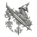 SOTF tattoo, meaning survival of the fittest. It must contain SOTF word and a medieval weapon. tattoo design idea