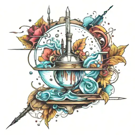 Incorporate water paintbrush and sewing needle and pen  tattoo design idea