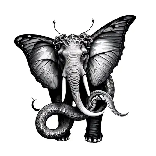 a semi colon a butterfly medusa snakes and an elephant in one tattoo  tattoo design idea