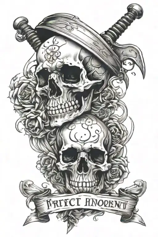 protect the innocent punish the sinners in calligraphy writing surrounding a sword that is between two humsn skulls tattoo design idea