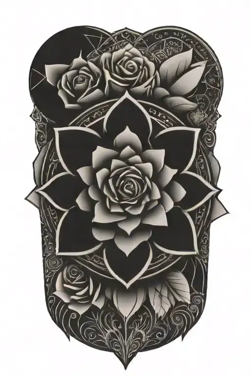 Mandala Along with Rose and geometrical shapes, circle at the elbow tattoo design idea