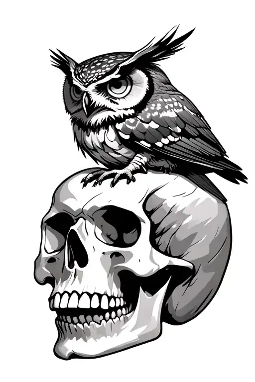 an owl standing on top of a human skull, long piece, morbid tribal style tattoo for rib side position tattoo design idea