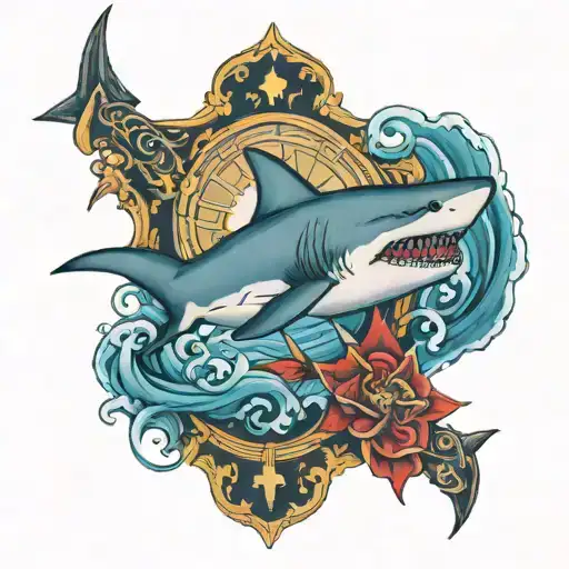 shark swimming and catholic cross tattoo design idea