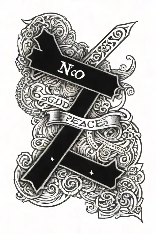 A black wooden cross with text on the top right saying "No God, No Peace" and at the bottom right "Know God, Know Peace" tattoo design idea