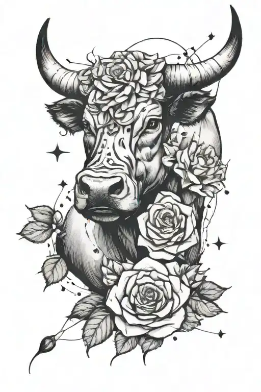 bull, rose, taurus constellation, earth tattoo design idea