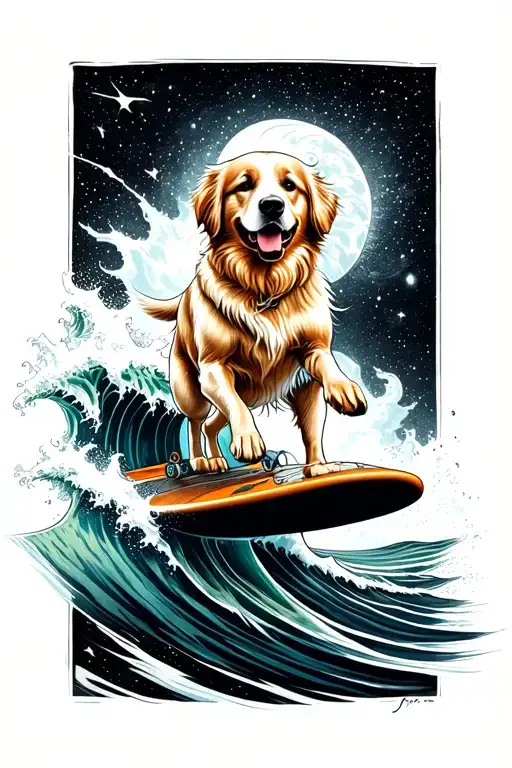 A surreal black and grey tattoo of a golden retriever riding a surfboard on a cosmic wave, inspired by Poseidon myths tattoo design idea