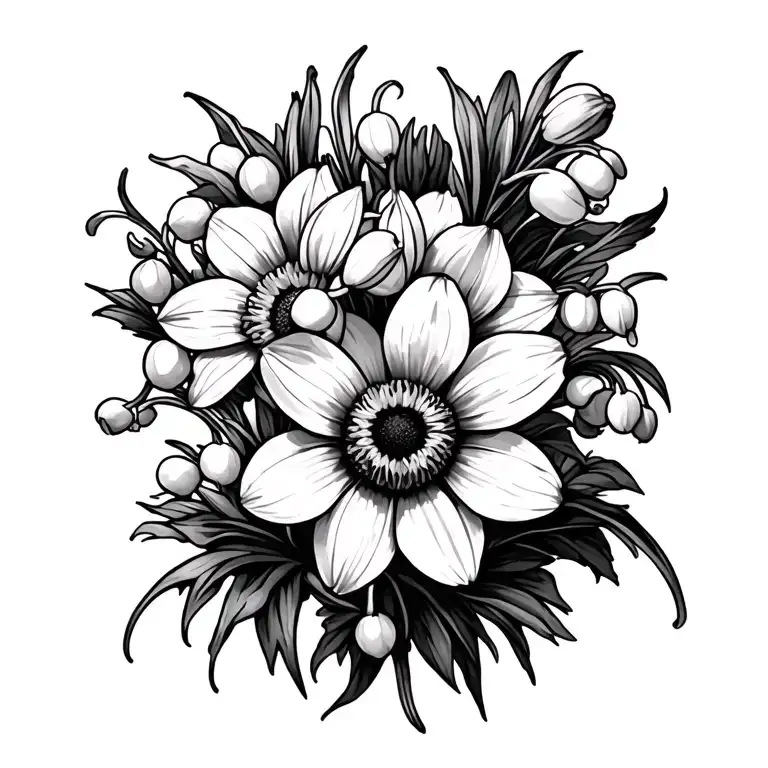 daffodils daisy's marigold lily of the valley flower tattoo design idea