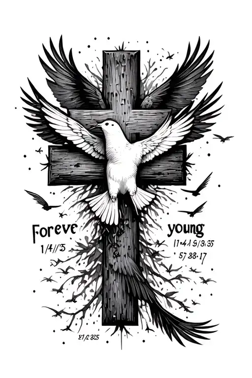 Cross with birds flying away saying forever young with the dates 1/14/25 and 5/28/17 tattoo design idea