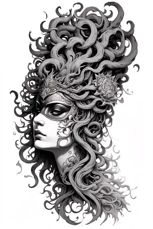 medusa goddess with oni mask tattoo design idea